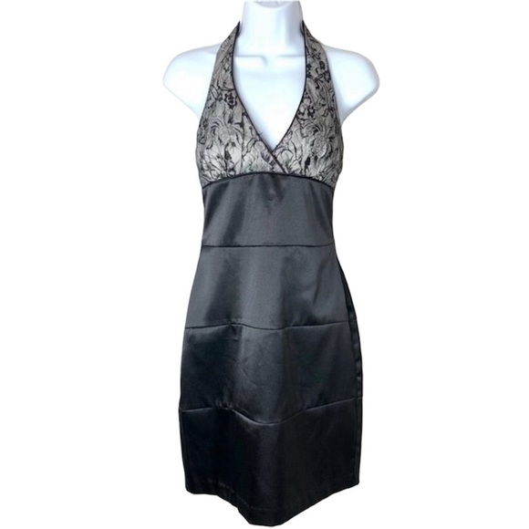 Women’s City Studio Halter Satin Lace Mini Dress Vintage Y2K 2000s Black - Picture 2 of 15